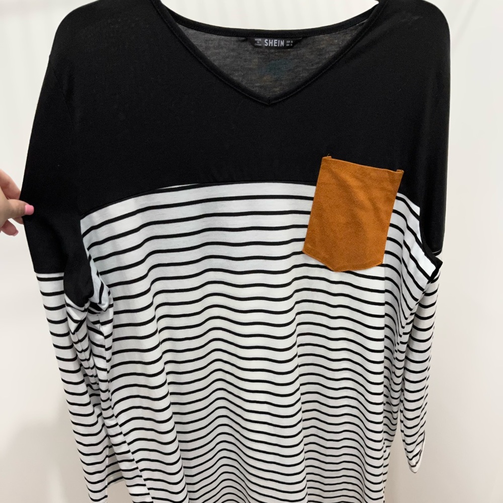 Long Sleeve Striped Dress with Tan Patches🤍🖤🤎